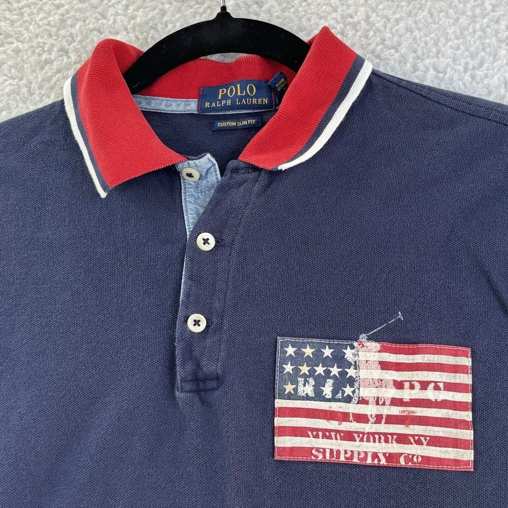 Polo Ralph Lauren Custom Slim Fit Polo Shirt Size M Navy Red Trim USA Flag Pony